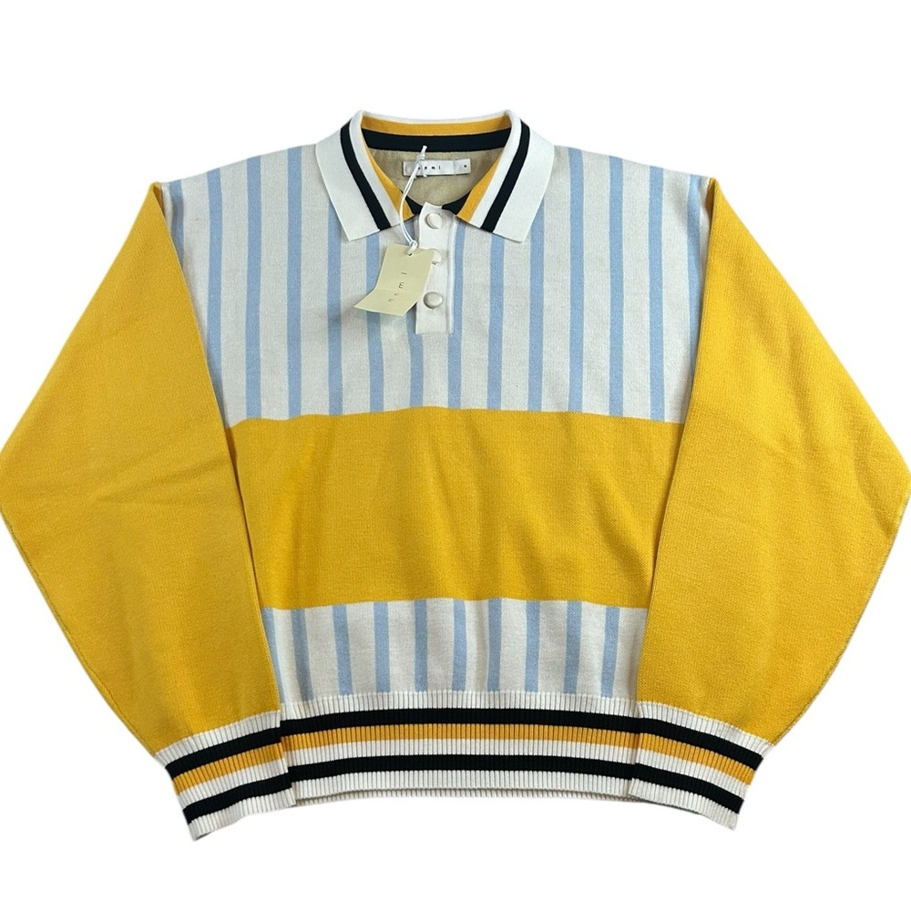 NWT mnml Knitted‎ Stripe Long Sleeve Polo Shirt Blue Yellow Size Medium